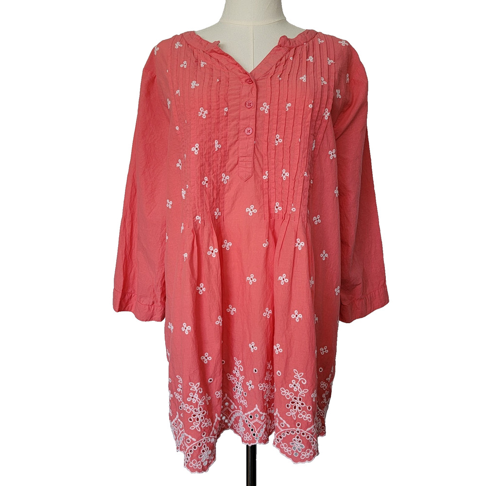 Coral Eyelet Boho Cotton Tunic Sz L Cottagecore Lightweight Country Woman Within